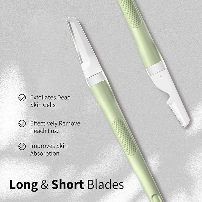 Face Razors for Women, Dermaplane Razor for Women Face, Eyebrow Razor, Facial Razors, Dermaplaning Tool, Reusable Metal Handle with 4 Microblades for Sensitive Skin, Peach Fuzz Remover, Green