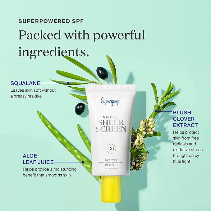Supergoop! Mineral Sheerscreen SPF 30 PA+++, 0.5 fl oz - 100% Mineral, Broad Spectrum Face Sunscreen + Primer + Helps Filter Blue Light - Satin Finish - For All Skin Types