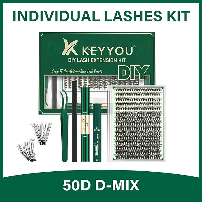 KEYYOU Lash Extension Kit DIY 300Pcs Lash Clusters Eyelash Extension Kit 50D D Curl 9-18MIX Lash Clusters Kit with Lash Glue Remover Applicator Easy to Use for Beginners(Kit,50D-D,9-18MIX)