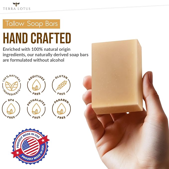 Terra Lotus - Organic Tallow Soap with Organic Castor Oil & Raw Honey - Relief for Dark Spots, Acne Marks, Hydrating & Nourishing - 3 Pack (Citrus)