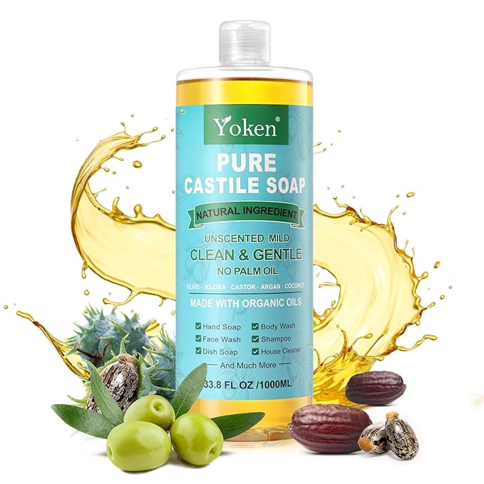 Yoken EWG Verified Castile Soap Liquid Unscented 33.8 fl oz Pure Castile Liquid Cleanser Made With Organic Oil, Clean & Gentle, Natural Castor Oil Soap for Body Wash, Hand, Dishes, Laundry