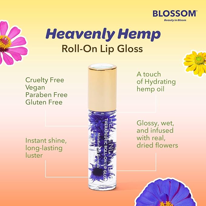 Blossom Roll on Lip Gloss, Scented Clear High Shine Moisturizing Lip Oil, Non Sticky, Infused with Real Flowers, Made in USA, 0.2oz, Raspberry Hemp