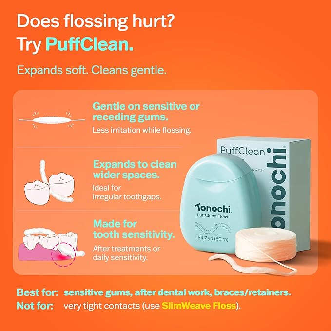PuffClean Expanding Dental Floss, Natural Beeswax Coating — Expands When Wet, Smooth Glide, Gentle on Gums, Mint + Xylitol Freshness, 3-Pack (55 yd Each)