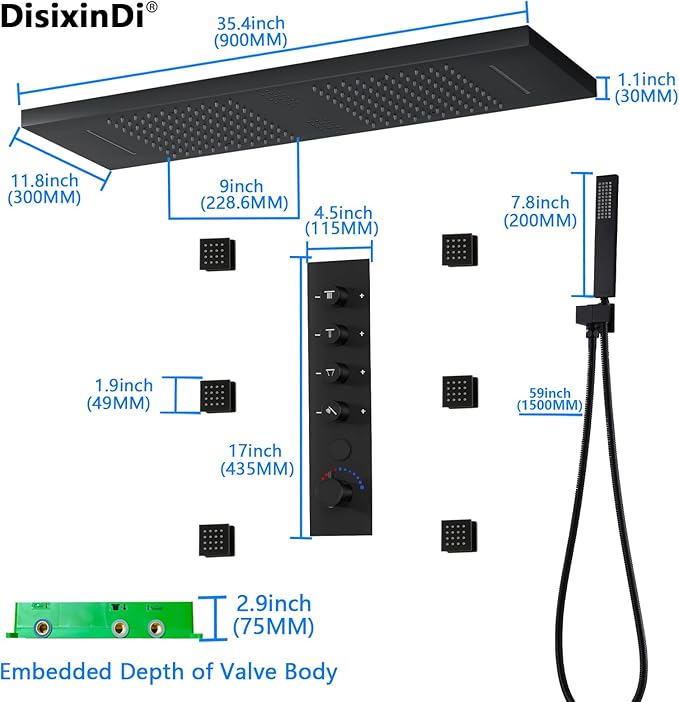 35.5X12 Inch Ceiling LED Music Dual Rain Shower Head Fit 2 Person Bathroom, Smart Large Luxury Thermostatic Rainfall Shower System Fixtures Set (Matte Black, Shower System With Body Jets)