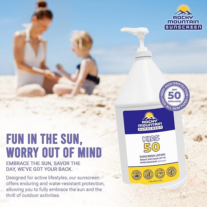 KIDS Rocky Mountain Sunscreen SPF 50 Gallon Sunscreen Lotion | Broad Spectrum UVA/UVB Protection | Hawaii 104 Reef Act Compliant (Oxybenzone & Octinoxate Free) | Water Resistant 80 Min. | (128 Fl Oz)