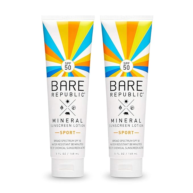 Bare Republic Mineral SPF 50 Sport Sunscreen Lotion. Natural Vanilla Coconut Scented Lightweight and Sheer Sunscreen Lotion, .5 Ounces, 2 Pack