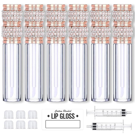 AMORIX 6pcs Lip Gloss Tubes with Wand 5ml Empty LipGloss Containers Pearl Diamond Lipgloss Bottles Crystal Lip Gloss Supplies Kit with 2pcs Syringe