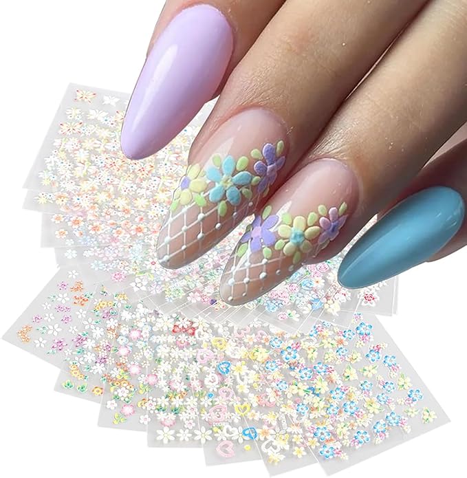 30 Sheets Flower Nail Art Stickers Self Adhesive Colorful Flower Nail Decals for Nail Art Designs Spring Summer Nail Decals Floral Daisy Heart Nail Supplies for Women Manicure DIY Decorations