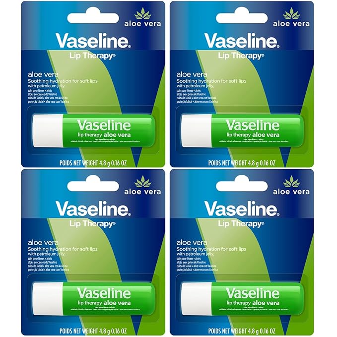 Vaseline Lip Therapy Care Aloe Fresh, Fast-Acting Nourishment, Ideal for Chapped, Dry, Cracked, or Damaged Lips, Lip Balm, 4-Pack, 0.16 Oz Each