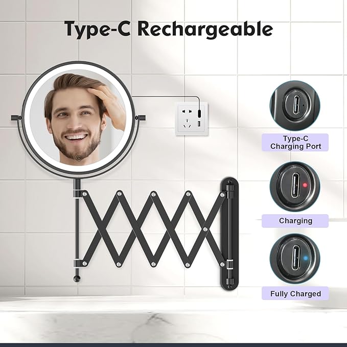 Rechargeable Wall Mounted Makeup Mirror - 8 Inch Double Sided 1X/10X Magnifying Mirror with 3 Color Lights Dimmable Touch Screen, 360ยฐSwivel 19.6 Inch Extendable Accordion Bathroom Mirror - Black