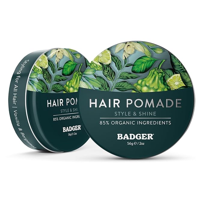 Badger Hair Pomade for Men, Organic, Easy to Use, Subtle Masculine Scent, Medium Hold Hair Pomade with Medium Shine Finish, Nourishes Hair & Scalp 2 oz Tin