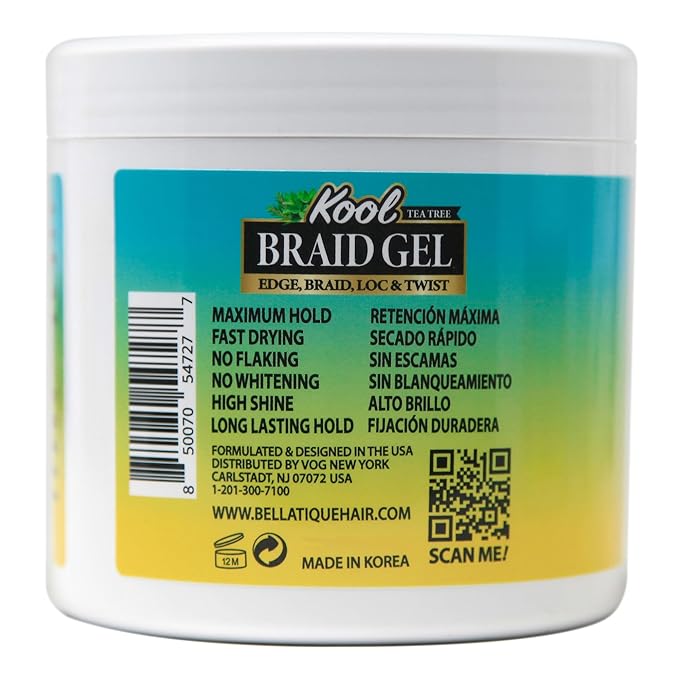 BELLATIQUE KOOL Braiding Gel Maximum Hold for LOC & Twist - No Flaking, No Whitening, Fast Drying, High Shine, Cool & Refreshing, Long Lasting Hold (15 oz)