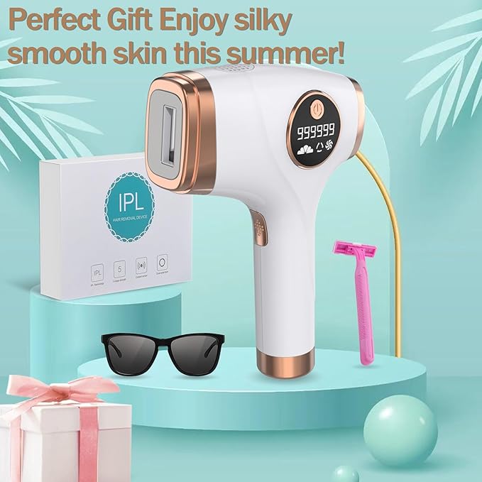 IPL Hair Removal Device, Portable Permanent Hair Reduction for Men and Women, Home Hair Remover with Razor and Glasses, 999,999 Flashes, Underarms Back Legs Arms Face Bikini Line