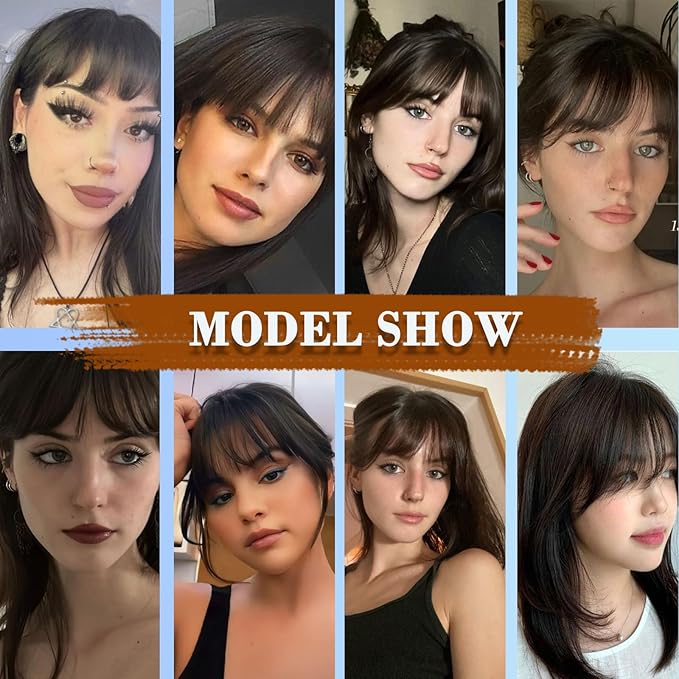 Clip on Wispy Bangs-Real Human Hair Clip in Bangs Hairpieces Brown Black Fake Air Bangs Fringe with Temples Bangs Hair Clip Extensions