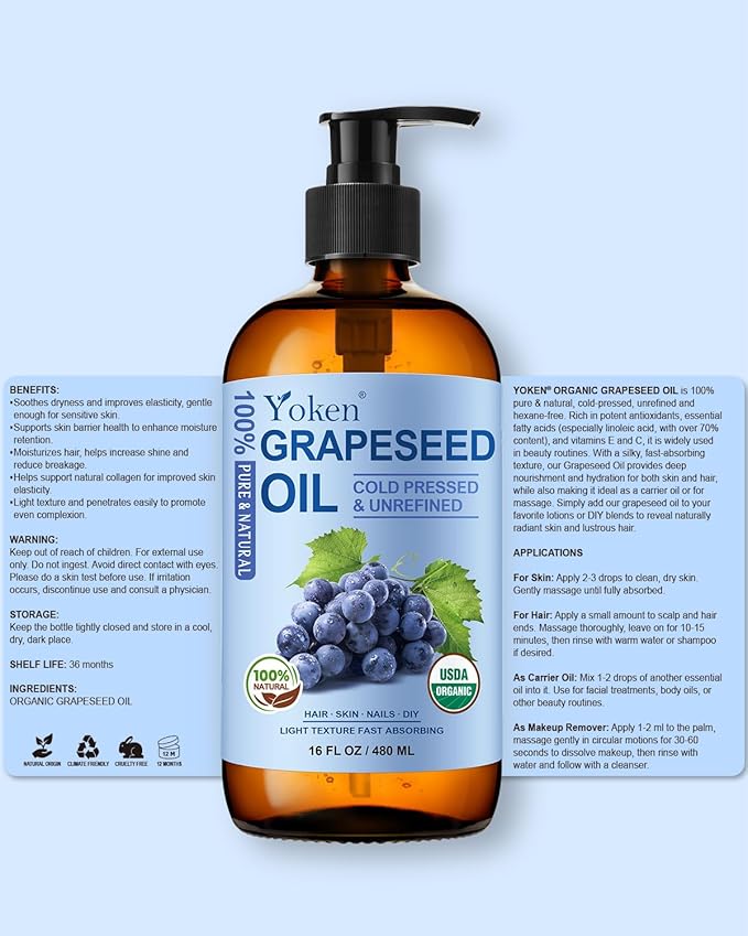 Yoken Organic Grapeseed Oil 16 oz GLASS BOTTLE - USDA 100% Pure & Natural Cold Pressed Grape Seed Carrier Oil for Skin & Hair - Single Ingredient, Hexane Free, Light & Silky Body Moisturizer
