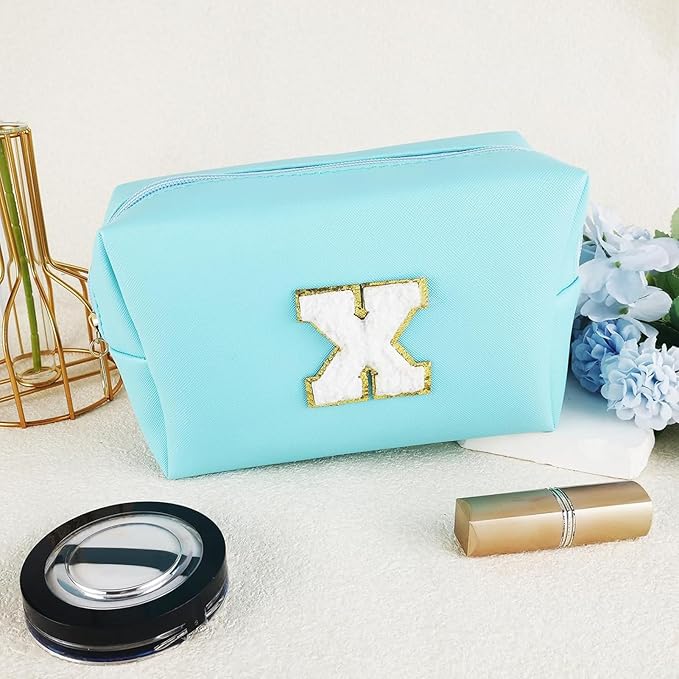 URSKYTOUS Gifts for Girls Initial Makeup Bag Personalized Cosmetic Bag with Zipper Cute Travel Toiletry Bag Waterproof PU Preppy Makeup Pouch Birthday Gift for Teen Girls Women(Blue X)