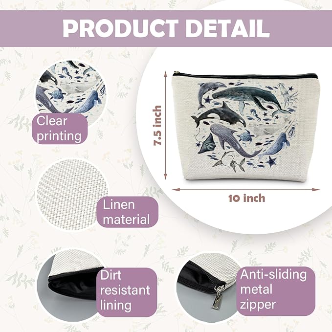 RYYCDOI Ocean Animals Shark whale Makeup Bag, Marine Life Animals Cosmetic Bags for Women,Shark Gifts for Women