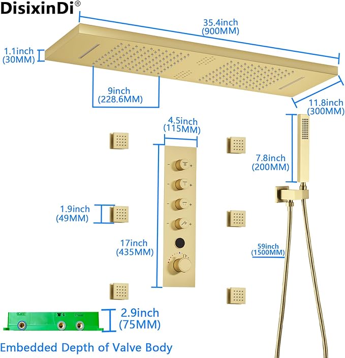 35.5X12 Inch Ceiling LED Music Dual Rain Shower Head Fit 2 Person Bathroom, Smart Large Luxury Thermostatic Rainfall Shower System Fixtures Set (Brushed Gold, Shower System With Body Jets)
