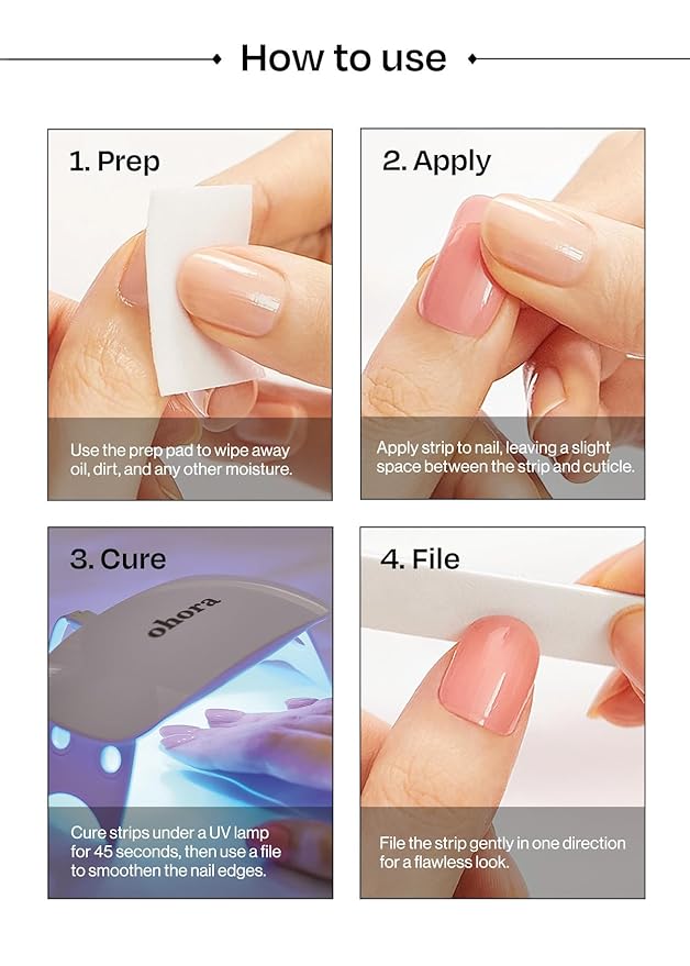 ohora Semi Cured Nail Strips (N Rose Serenade) - Works with Any UV/LED Lamps, Salon-Quality, Long Lasting, Easy to Apply & Remove - Includes 2 Prep Pads, Nail File & Wooden Stick