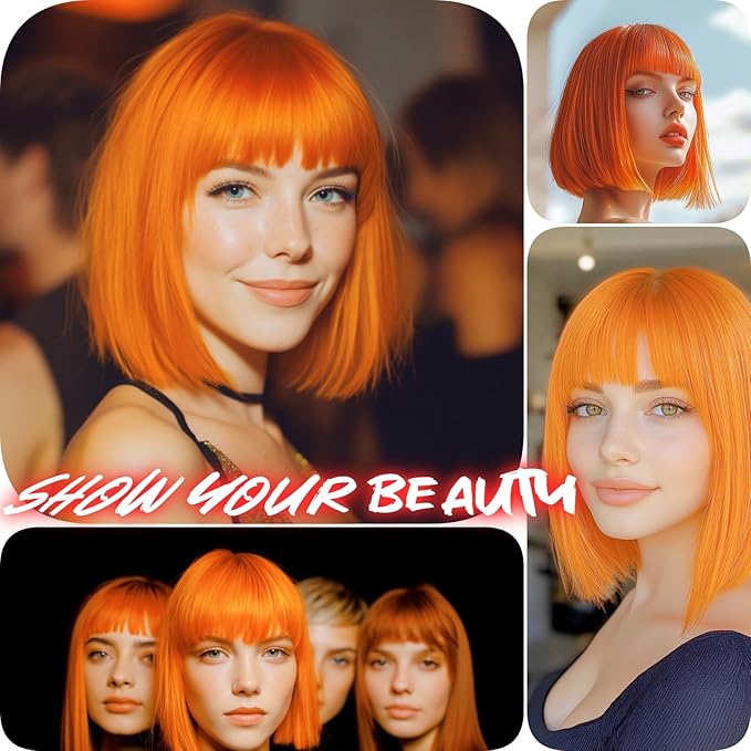 Orange Wig With Bangs Short Bob Straight Wigs for Women Shoulder Length Orange Natural Looking Synthetic Heat Resistant Fiber Wigs for Halloween Costumes Cosplay Daily Use(12 Inch)