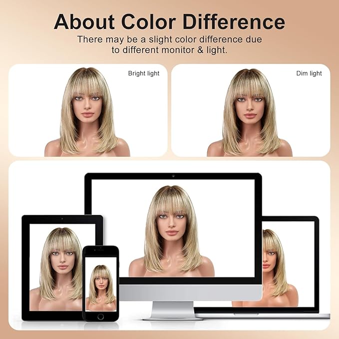 KKU 16 Inch Brown and Gold Ombre Human Hair Wigs for Women,Layered Straight Hair Wig with Bangs,Wear Natural Realism