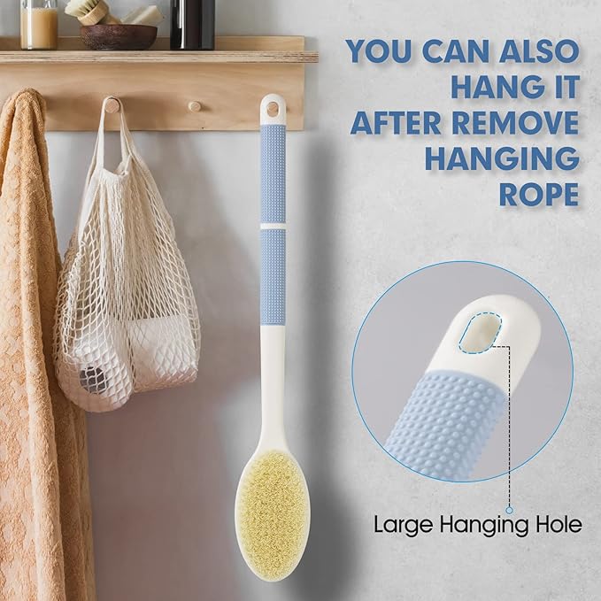 Back Scrubber Anti Slip for Shower, Shower Brush Long Handle with Stiff and Soft Bristles, Body Exfoliator for Bath or Dry Brush(Blue)