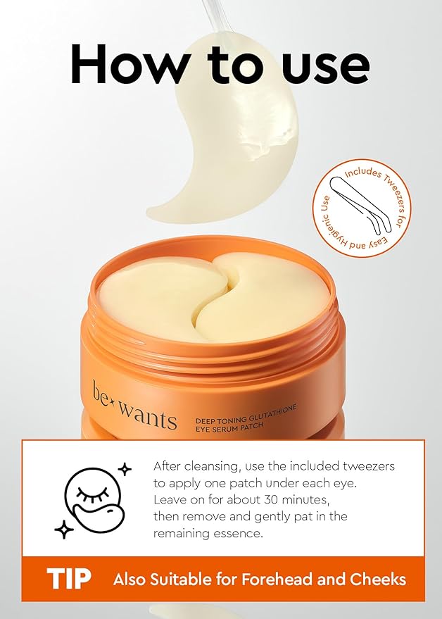 BE+WANTS bewants Hydrogel Eye Patches with Deep Toning Glutathione, 60 Patches, Under Eye Masks for Brightening and Radiance, Caffeine & Niacinamide patches, Korean Skincare