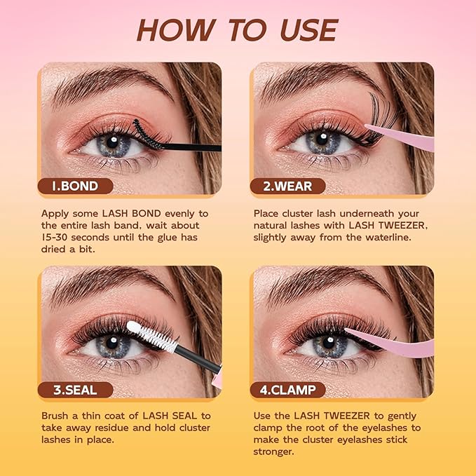 QUEWEL Lash Clusters Kit, 280 Pcs Lash Clusters 40D 12-18mm Thin Band Lashes Clusters Natural Look Eyelash Extension Kit With Lashes Bond Seal Eyelashes Tweezers (LSTZ-40D)