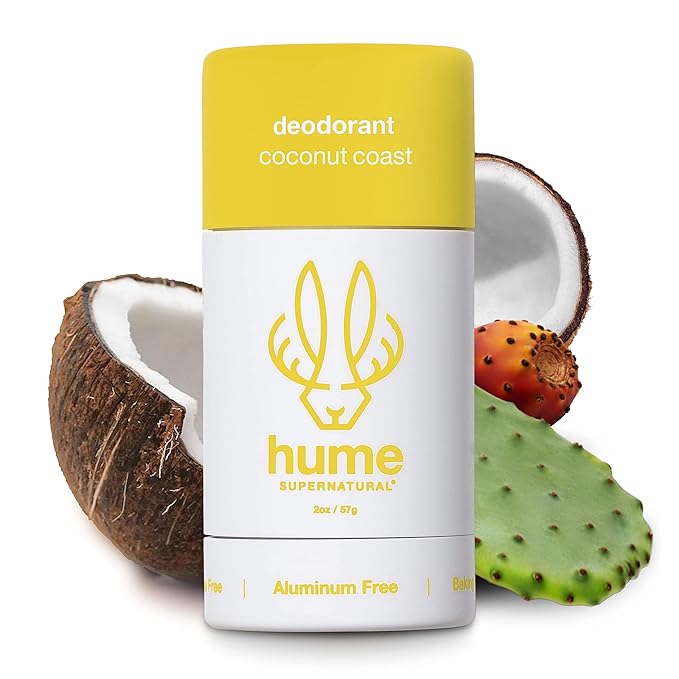 Hume Supernatural Aluminum Free Deodorant for Women & Men - Safe for Sensitive Skin - Probiotic, Plant-Based, Baking Soda Free, Aloe, & Cactus Flower, Anti Sweat, Stain & Odor - Coconut Coast 3-Pack