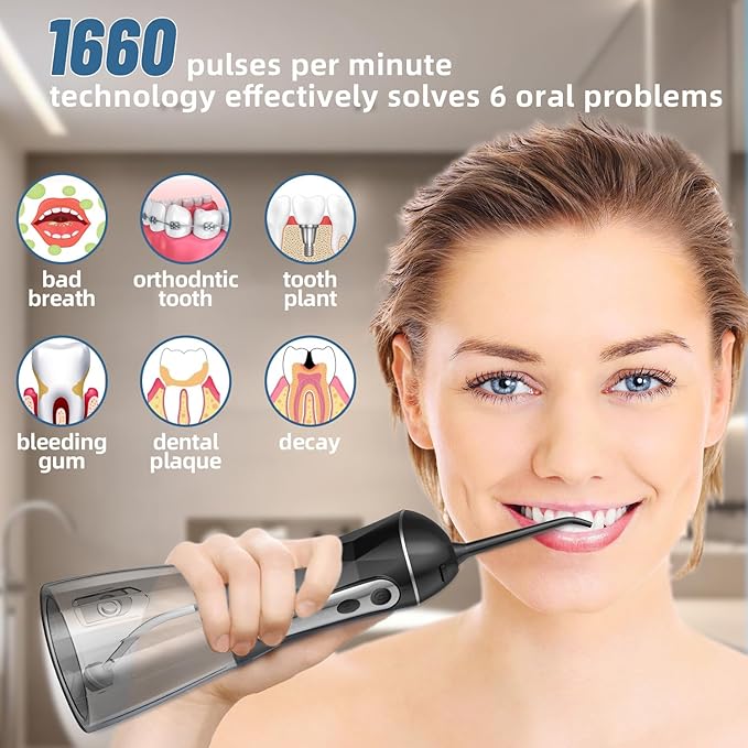 Water Dental Flosser Teeth Pick: Portable Cordless Oral Irrigator 320ML Rechargeable Travel Irrigation Cleaner IPX7 Waterproof Electric Flossing Machine for Teeth Cleaning (Black)