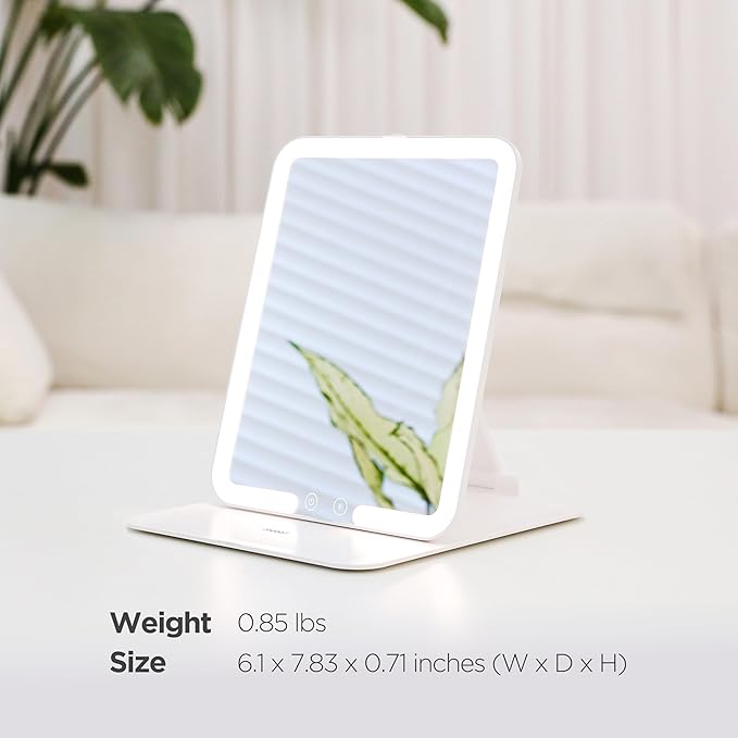 mooas Travel Makeup Mirror, Portable LED Lighted Vanity Mirror, 6.1×7.83 in Slim Foldable Mirror with Touch Control, 3-Color Dimmable Lighting, Rechargeable USB-C, Pouch Included, White (Square)