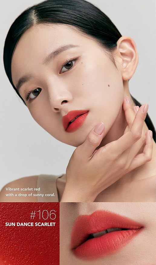 Mellow Velvet Lip Tint | Non-Sticky Lightweight Korean Lip Stain, High Pigmented Long Lasting Moisturizing Soft Matte Liquid Lipstick, Natural Vivid Color, Sun Dance Scarlet