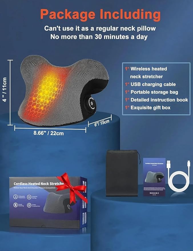 Wireless Heated Neck Stretcher for Pain Relief, Portable Cordless Neck Shoulder Cervical Traction Device with Graphene Heating Pad No Smell Magnetic Therapy Case Relaxer for TMJ Migraine Spine Alignme