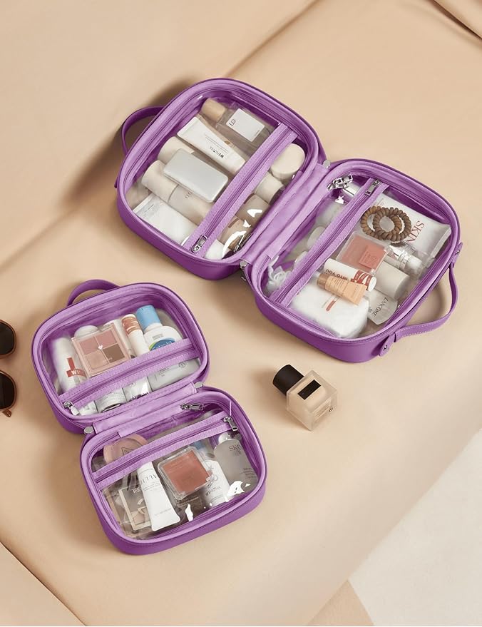Oaque Clear Cosmetic Bag Double Layer Travel Toiletry Bag Clear Makeup Bag Case with 4 Compartments, Transparent Travel Bag for Toiletries, Large Toiletry Bag for Women Cosmetic Case (Purple, Small)