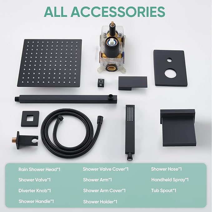 HoliSpa Black Tub Shower System, All Metal Tub Shower Faucet Set with 12" Rain Shower Head and Handheld Spray combo, Wall Mounted Shower Systems with Tub Spout, Valve and Trim Kit, Matte Black