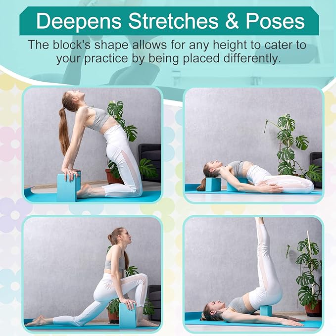 Meooeck 18 Pcs Yoga Block and Strap Set 9 x 6 x 3 Inch EVA Foam Non Slip Brick 8 ft Yoga Straps for Stretching D Ring Design Christmas Fitness Gifts for Women Pilates Workout Exercise