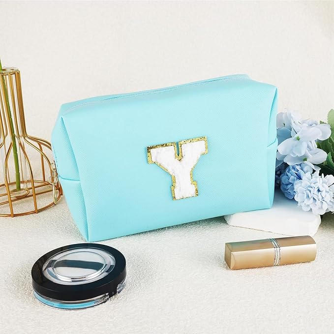 URSKYTOUS Gifts for Girls Initial Makeup Bag Personalized Cosmetic Bag with Zipper Cute Travel Toiletry Bag Waterproof PU Preppy Makeup Pouch Birthday Gift for Teen Girls Women(Blue Y)