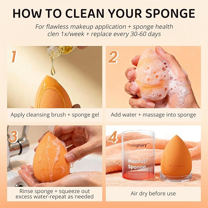 MusingFairy Makeup Blending Sponge with Travel-Friendly Acrylic Holder,Latex-Free Beauty Blender for Flawless Matte Finish, Easy to Clean,Orange 1 Pack