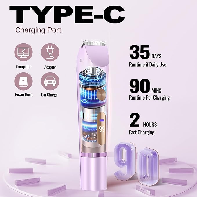Bikini Trimmer for Women Electric Razors for Women Women's Electric Razor 2 in 1 Shaver Pubic Hair Trimmer Ipx7 Waterproof Wet Dry Use Bikini Shaver for Ladies Pubic, Legs, Face, Underarms (Purple)