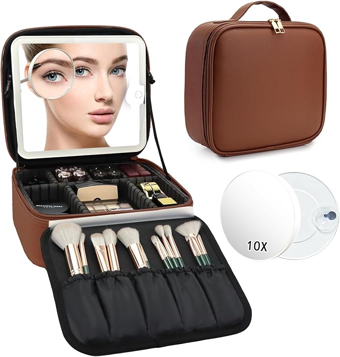 SLUMAZI Travel Makeup Bag with LED Mirror and 10x magnifying glass with 3 Lighted Settings, Adjustable Dividers and Makeup Brush Storage Bag Dark Brown