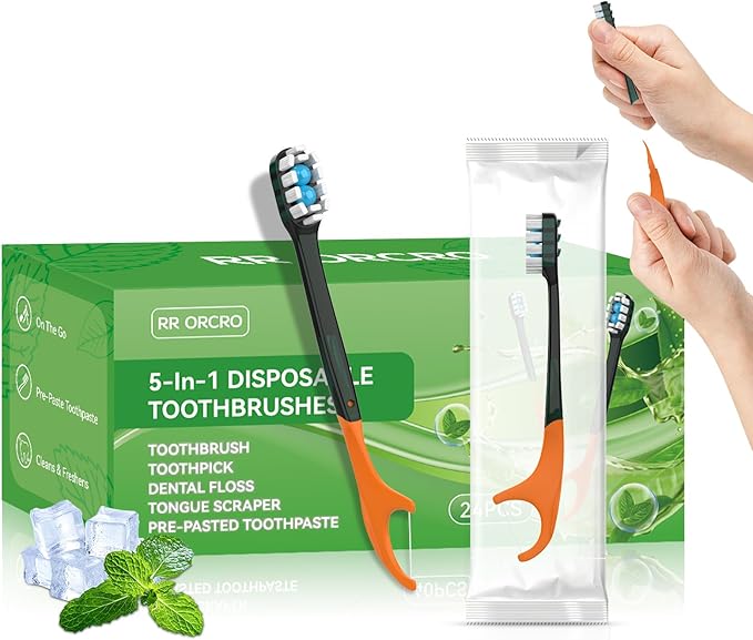 24Pack Disposable Toothbrushes with Toothpaste + Pick + Floss + Tongue Scraper 5-in-2 Mini Prepasted Travel Toothbrush for Hotel Camping Flight Car Single Use Portable Individually Wrapped | Mint