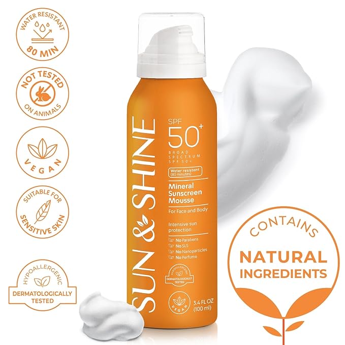 SUN & SHINE MINERAL SUNSCREEN MOUSSE: 100% mineral zinc oxide SPF50 Broad Spectrum UVA UVB, Face Body Protection, Sunburn Spray Zinc Oxide for Sensitive Skin, fragrance free 3.4 Oz