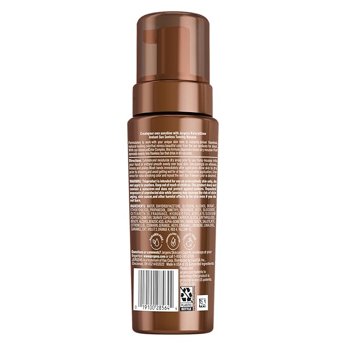 Jergens Self Tanner, Natural Glow Instant Sun, Sunless Tanning Mousse, Quick Self Tanner Foam, Ultra Deep Brozne, 6 Oz