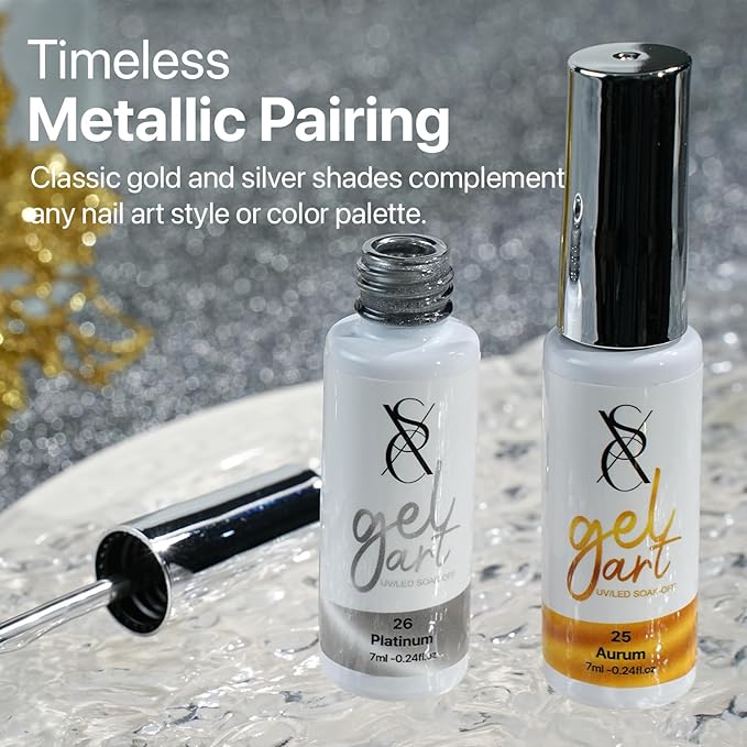 SXC Cosmetics Gel Liner Nail Art Set β Gold & Silver 2pcs Gel Liner Nail Art Chrome 3D High-Gloss Effect for Nail Paint Design with Thin Brush DIY French Manicure Curing Requires