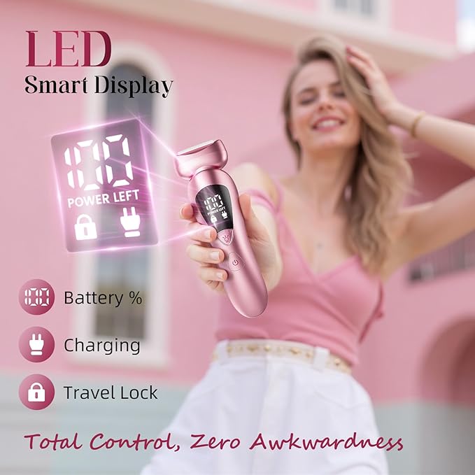 Cordless Electric Razors for Women: Rechargeable Painless Bikini Trimmer for Body Hair - IPX7 Waterproof Shaver with LED Display for Face/Underarm/Leg Light Pink