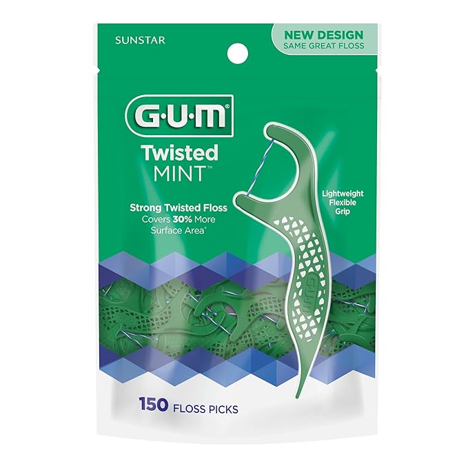 GUM Twisted Mint Floss Picks - Twisted Threads, Shred-Resistant Floss, Easy Grip Handle, 150 Count