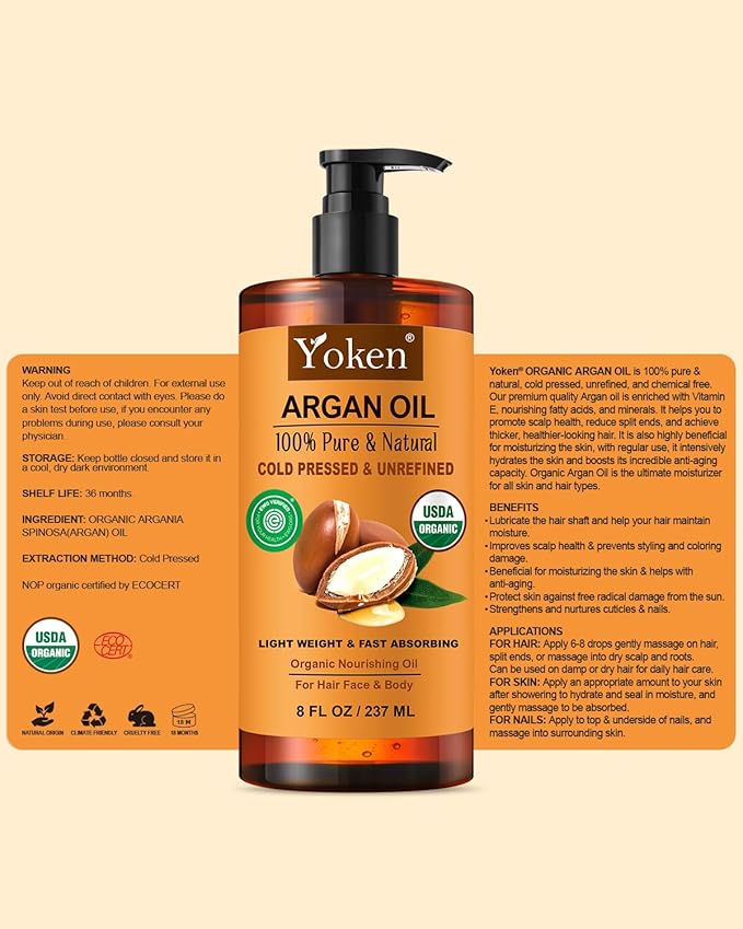 USDA Organic Argan Oil for Hair, Pure and Natural Morocco Argan Oil, Argon Oil For Hair, Scalp, Face & Skin Care, 100% Cold Pressed Hair Conditioner, Unrefined Argon Nails Carrier Oil (8 Fl Oz)