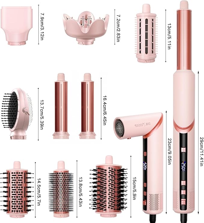 9 in 1 Hair Styler Curler & Air Dryer Brush, 110,000 RPM High-Speed Negative Ionic Foldable Hair Dryer Fast Drying, Multi Professional Hot air Styler for Curling Volumizing Straightening Styling(Pink)