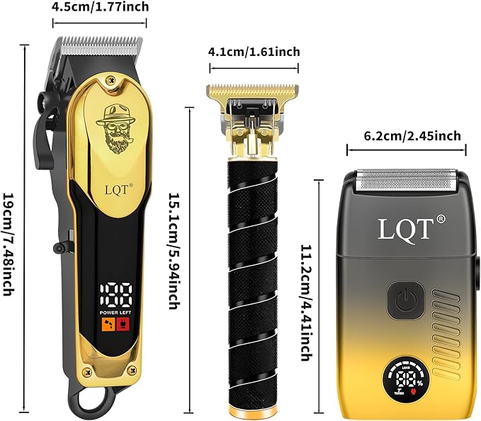 3-in-1 Barber Kit, Professional Hair Clipper, T-Blade Trimmer & Foil Shaver Set, Long-Lasting Battery, LED Display, Cordless Rechargeable Hair Cutting Tools for Men, Gold, Home-use, Gifts for Men
