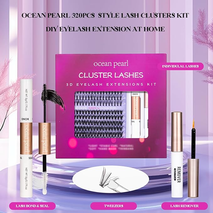 Individual Lashes with bond and seal Lash Remover DIY Lash Extension Kit 320 Pcs Cluster Lashes 10-16mm Natural Light C/D False Eyelashes for Beginner Makeup at Home (20D+50D)